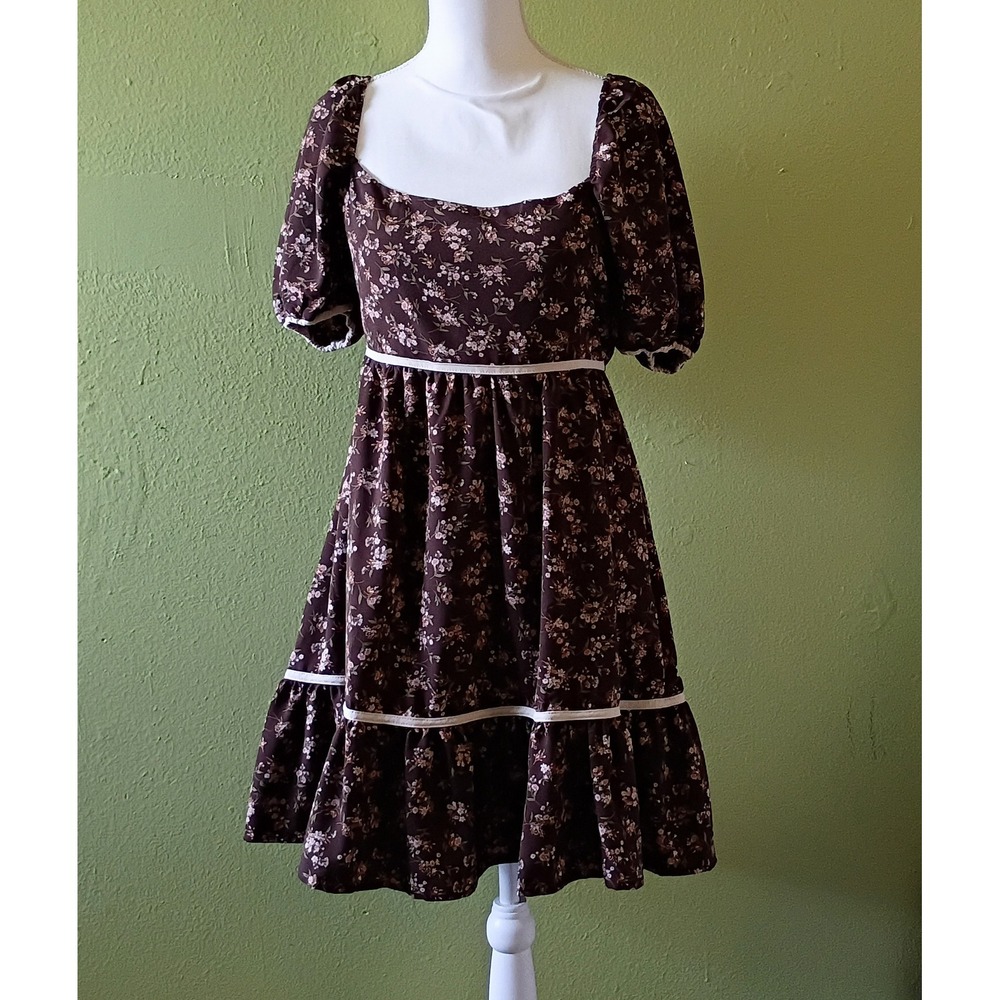 Cottage Core Espresso Brown Prairie Dress Smocked Back Ruffle Mini Dress Large